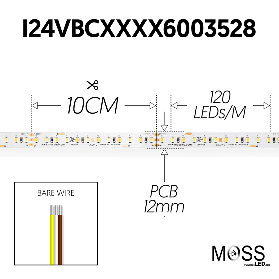 FlexLED Bi-Color 2700K - 6000K 24V (CCT Adjustable) Bi-Colour (2700k - 6000k) 120 LED/meter Bare Wire from www.thelafirm.com