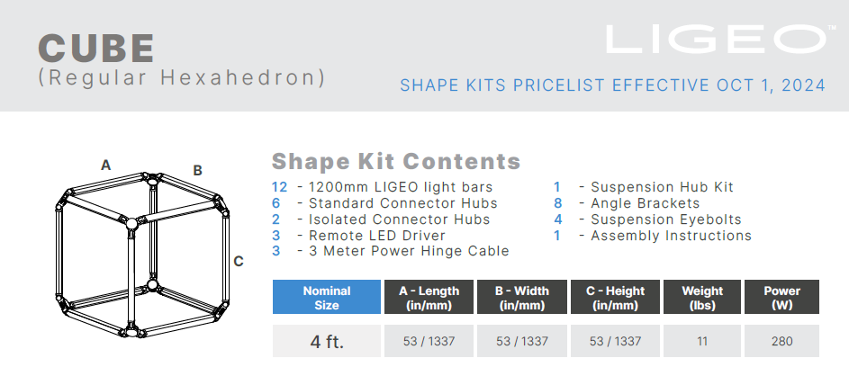 Ligeo CUBE Shape Kit (Regular Hexahedron, WHITE, 4ft) 3500°K Static Neutral White from www.thelafirm.com