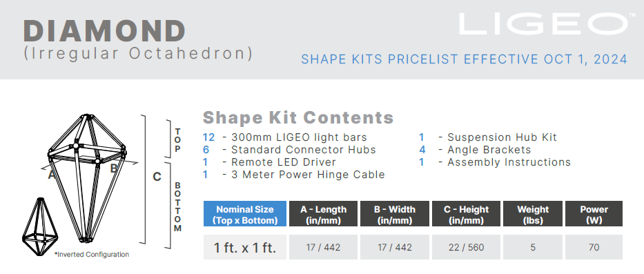 Ligeo DIAMOND Shape Kit (Irregular Octahedron, SILVER, 1 ft. x 1 ft.) 3000°K Static Warm White from www.thelafirm.com