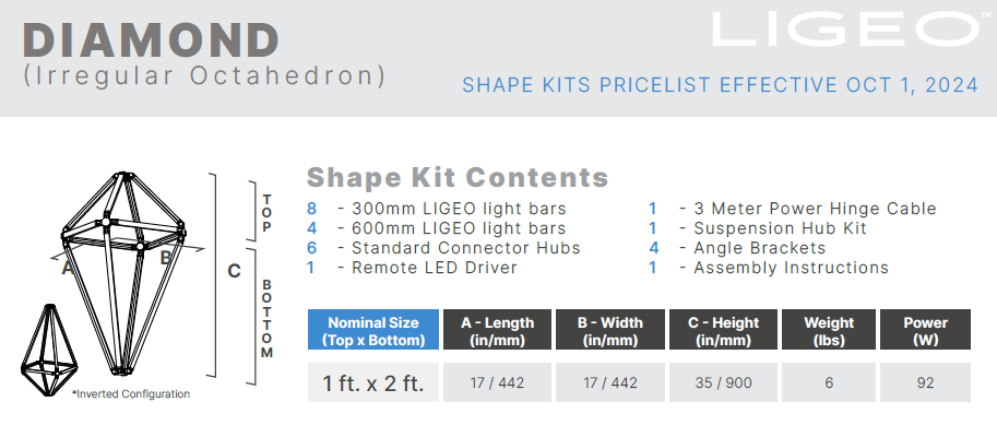 Ligeo DIAMOND Shape Kit (Irregular Octahedron, SILVER, 1 ft. x 2 ft.) 3500°K Static Neutral White from www.thelafirm.com