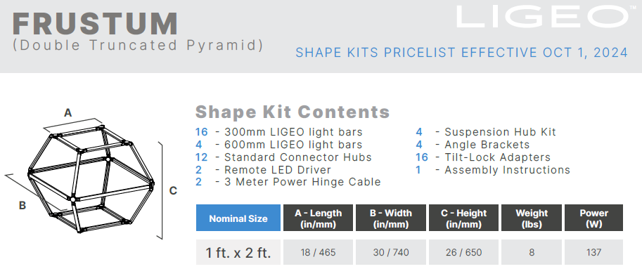 Ligeo FRUSTUM Shape Kit (Double Truncated Pyramid, WHITE, 1 ft. x 2 ft.) 4000°K Static Cool White from www.thelafirm.com
