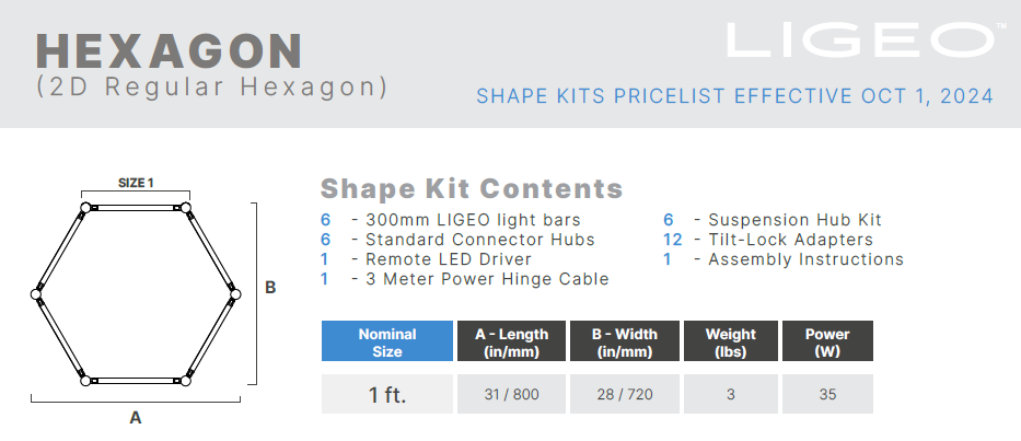 Ligeo HEXAGON Shape Kit (2D Regular Hexagon, WHITE, 1 ft) 3500°K Static Neutral White from www.thelafirm.com