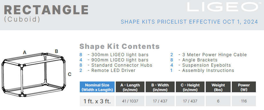 Ligeo RECTANGLE Shape Kit (Cuboid, WHITE, 1 ft. x 3 ft.) 3000°K Static Warm White from www.thelafirm.com