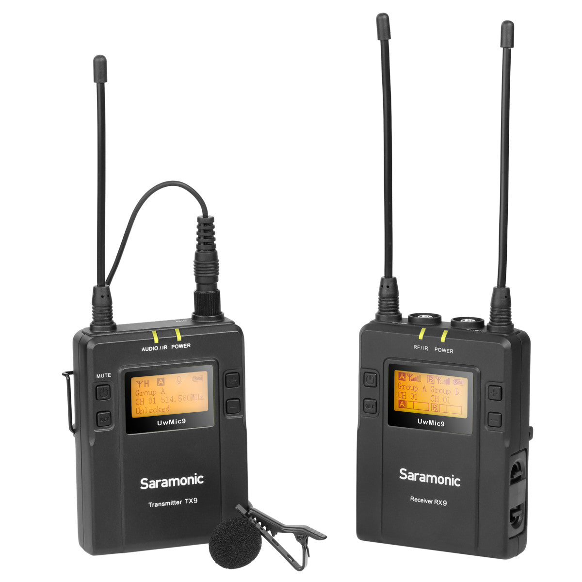 UwMic9 RX9+TX9 Wireless UHF Lavalier Microphone System with Dual-Channel Camera-Mountable Receiver | The LA Firm