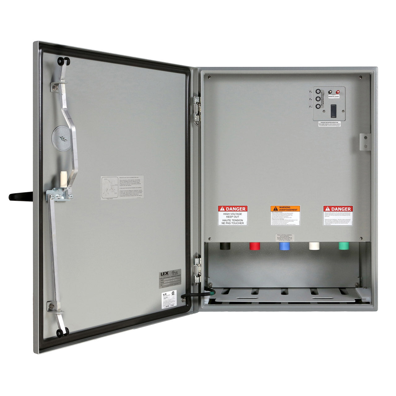 801 A, 3 Phase, 480 VAC, Male Cams (brown, orange, yellow, white, green), Phase Rotation, 2 Wire Start / Stop Terminals, Kirk Key Provision, NEMA 3R Weatherproof, Aluminum Housing from www.thelafirm.com