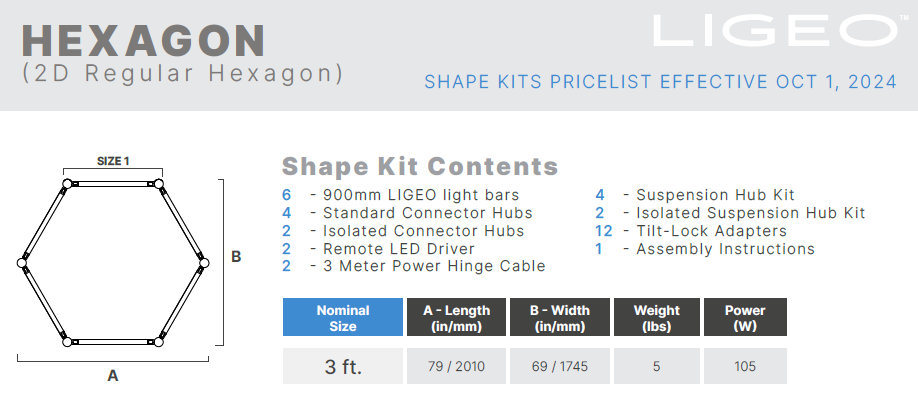 Ligeo HEXAGON Shape Kit (2D Regular Hexagon, BLACK, 3 ft.) 3000°K Static Warm White from www.thelafirm.com
