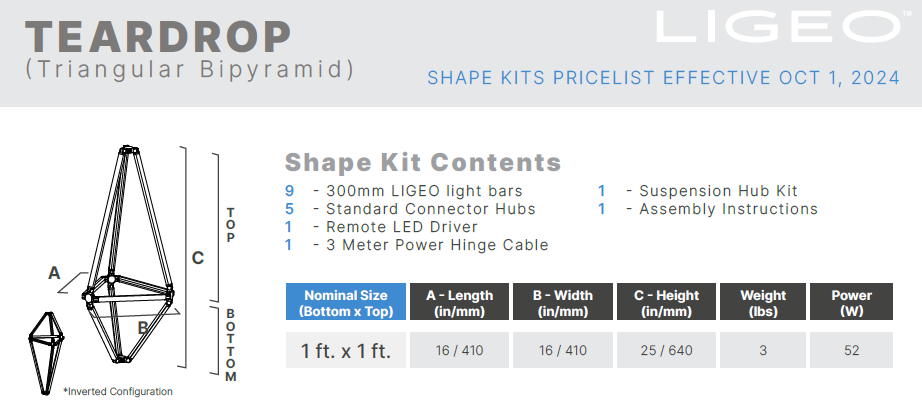 Ligeo TEARDROP Shape Kit (Triangular Bipyramid, BLACK,1 ft. x 1 ft.) 4000°K Static Cool White from www.thelafirm.com