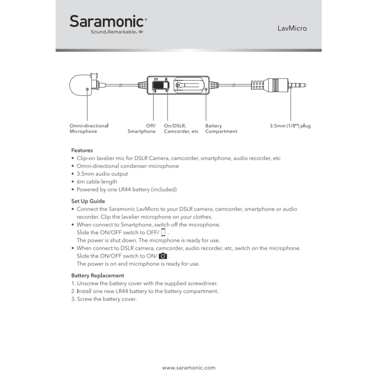 LavMicro Omnidirectional Lavalier Mic with 3.5mm TRS/TRRS Output for Cameras, Mobile Devices & More | The LA Firm 