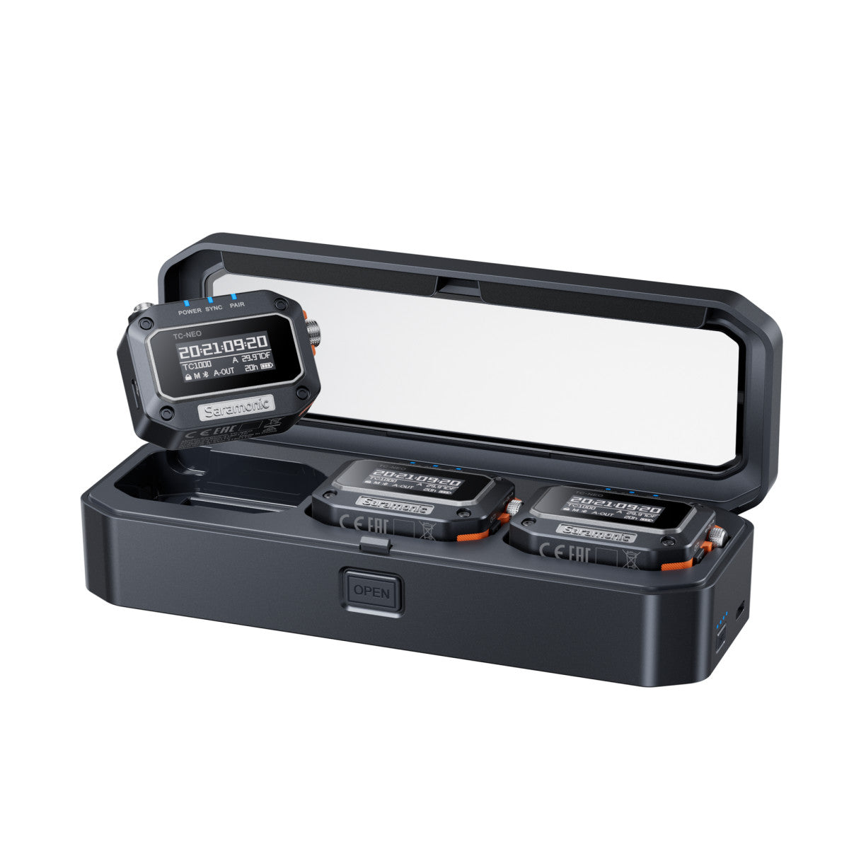 TC-NEO Kit | Timecode Generator 3-Pack w/ Charging Case, 3.5mm TRS, 5-Pin LEMO & BNC Output Cables | The LA Firm 