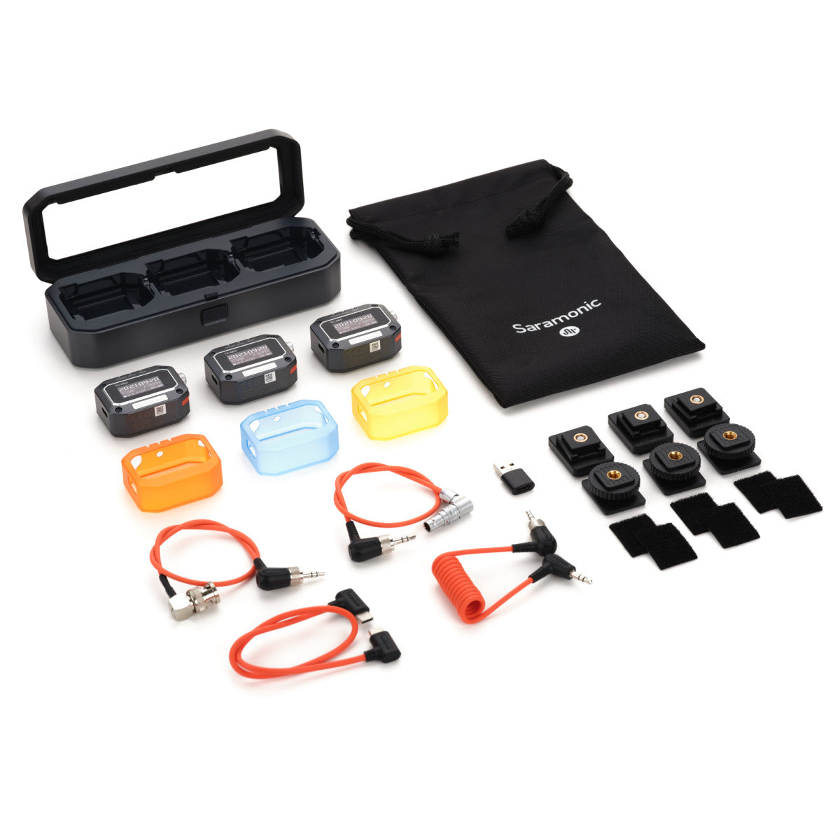 TC-NEO Kit | Timecode Generator 3-Pack w/ Charging Case, 3.5mm TRS, 5-Pin LEMO & BNC Output Cables | The LA Firm 