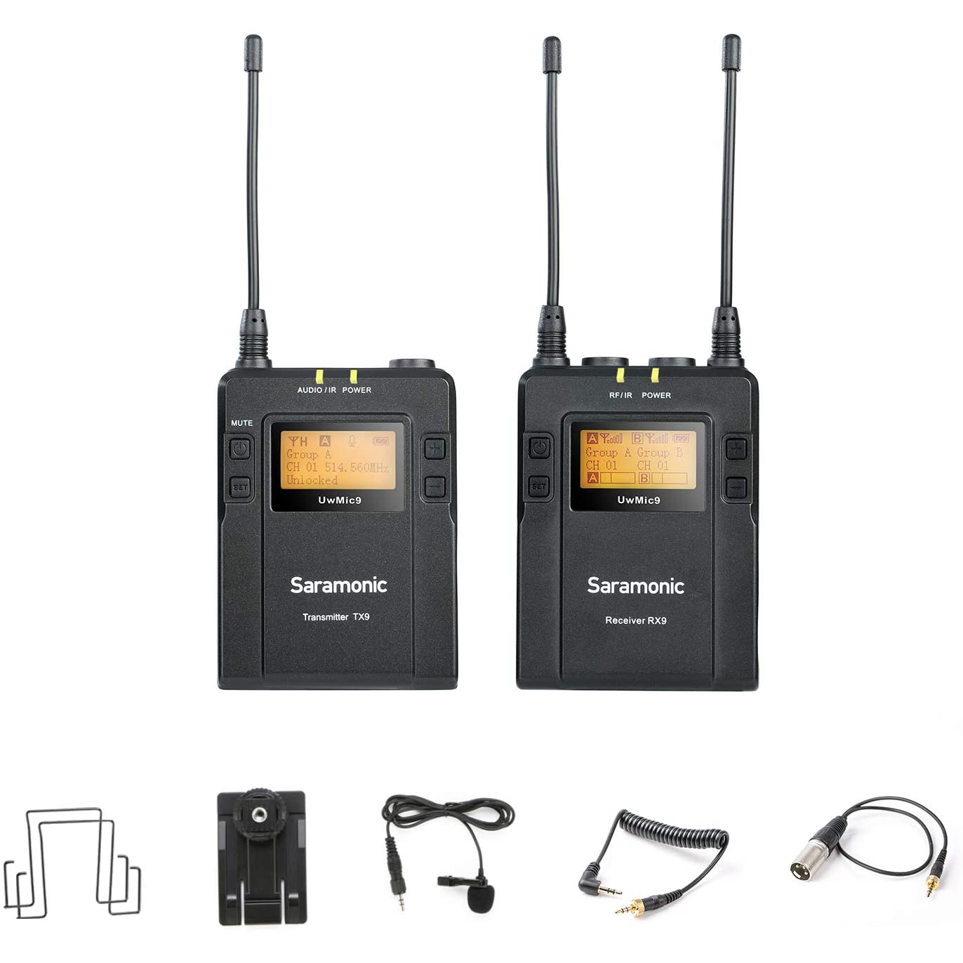 UwMic9 RX9+TX9 Wireless UHF Lavalier Microphone System with Dual-Channel Camera-Mountable Receiver | The LA Firm 