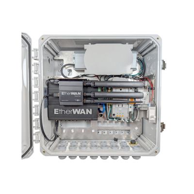 EtherWAN NEMA-4X Polycarbonate Cabinet with Integrated PoE Switch, 5G Router, Power Supply, Circuit Breaker, Surge Suppressor and Cable Management | The LA Firm