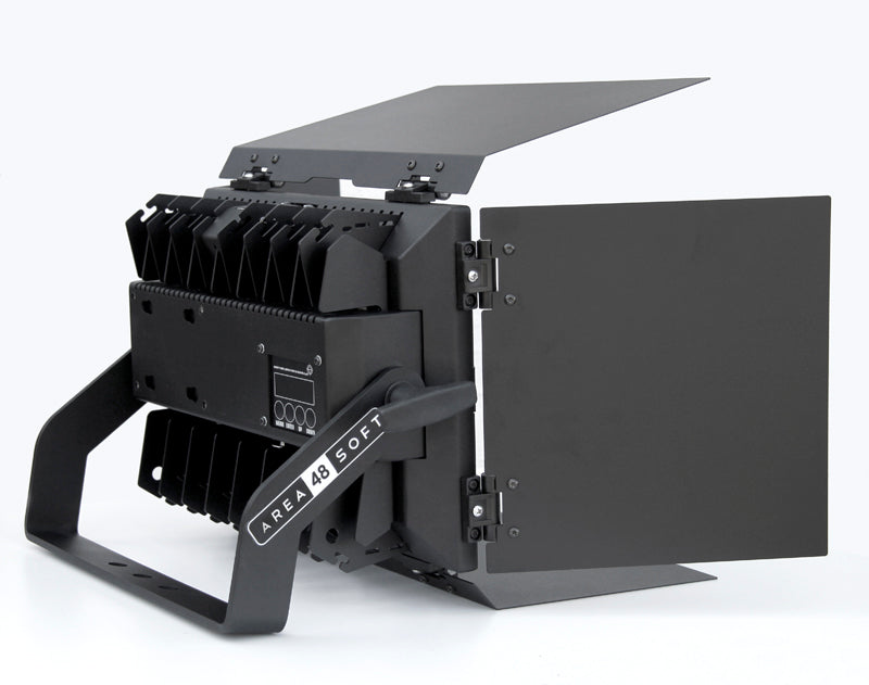 AREA 48 Soft Kit (black), Curved yoke, Detachable barndoors - incl. 20V PSU mounted on unit, locking IEC, TVMP and chroma blue media from www.thelafirm.com