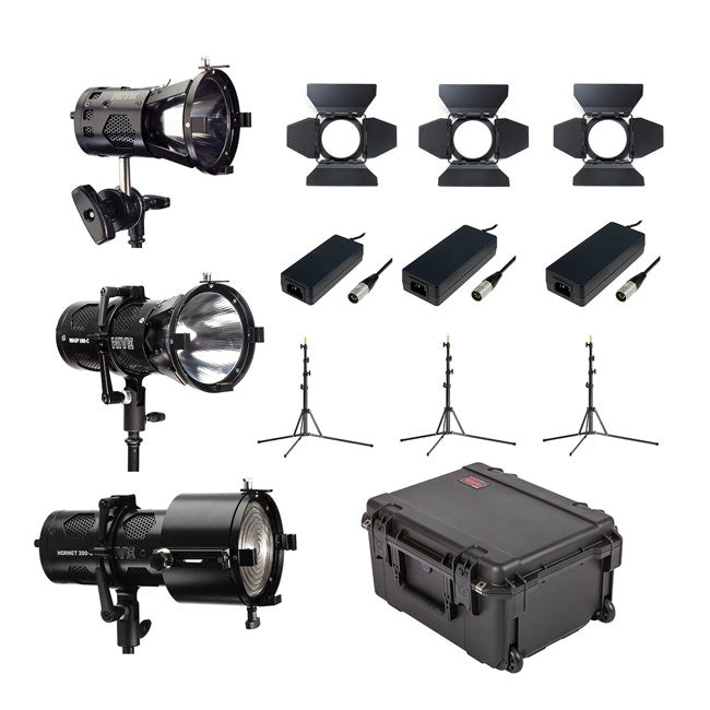 Hive Lighting 3 Light Kit with 1 Bee 50-C Par Spot, 1 Wasp 100-C Par Spot and 1 Hornet 200-C Fresnel with 3 Stands and Case (Custom Foam)