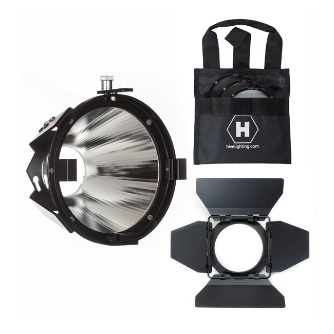 Hive Lighting Par Reflector Attachment, Barndoors and 3 Lens Set (Medium, Wide, Super Wide) with Bag for Hornet 200-C